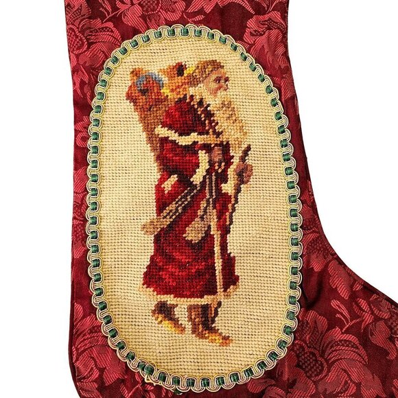 Vintage Hand Embroider Christmas Stocking Wool St Nicholas Needlepoint on Cotton - Picture 2 of 8